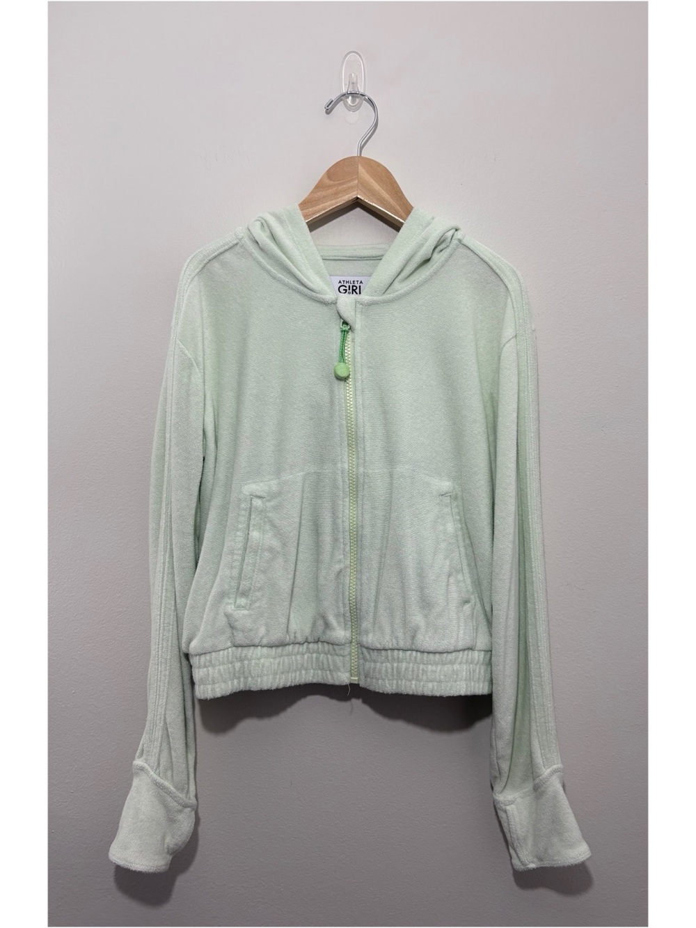 Athleta Girl “Surf and Sand” light green terry cloth full-zip jacket (L/12)